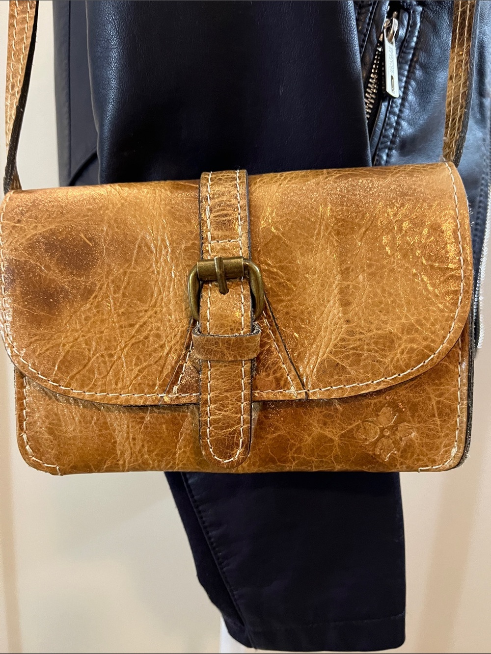 Patricia Nash Distressed Cognac Leather Crossbody with Buckle Strap